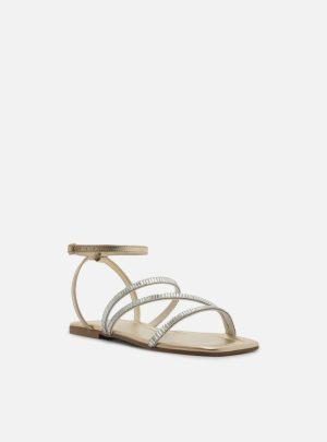 Sandália Rasteira Dourada Tiras Aplicações