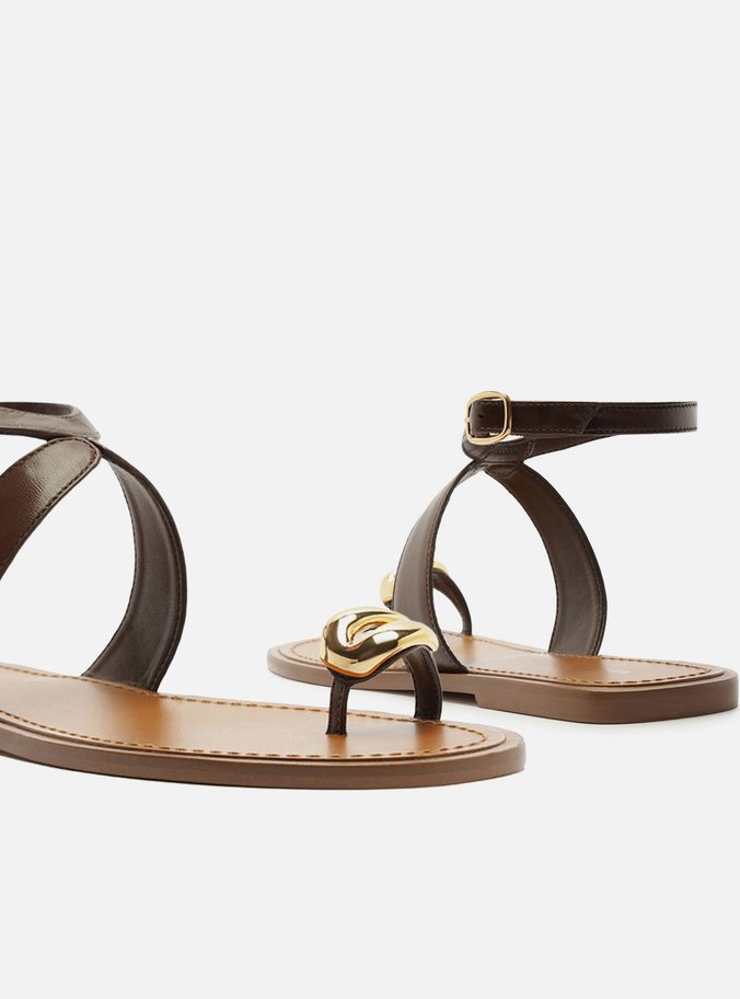 Sandália Rasteira Marrom Escuro Couro Metal Bold - Imagem 3