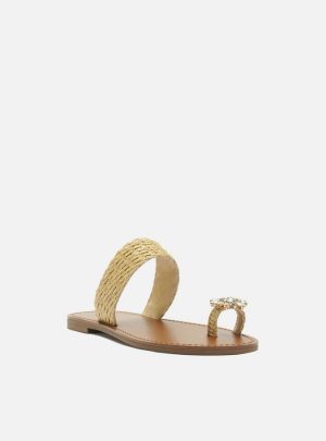 Sandália Rasteira Bege Palha Dedeira Pedraria