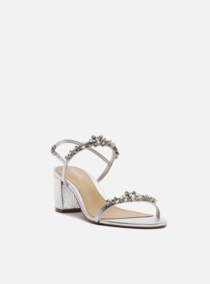 Sandália Prata Couro Salto Bloco Tiras Pedrarias