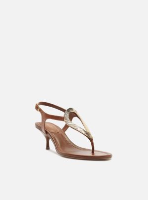 Sandália Marrom Couro Salto Kitten Metal Textura