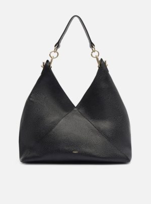 Bolsa Hobo Preta Couro Grande Recortes Metais