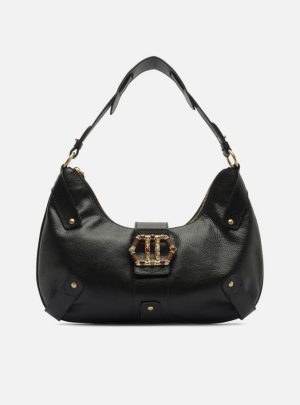 Bolsa Hobo Preta Couro Grande Metal Sextavado