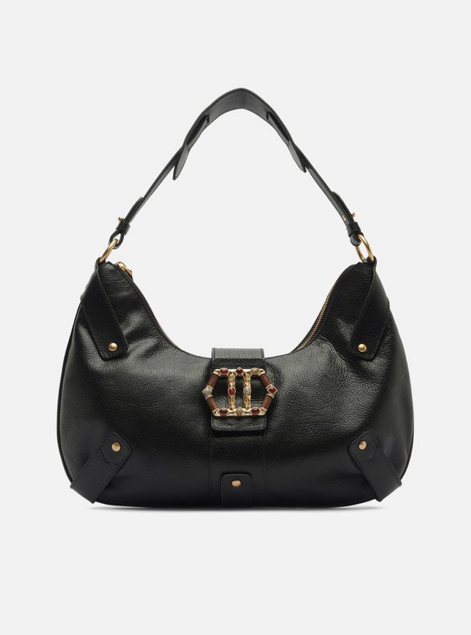 Bolsa Hobo Preta Couro Grande Metal Sextavado