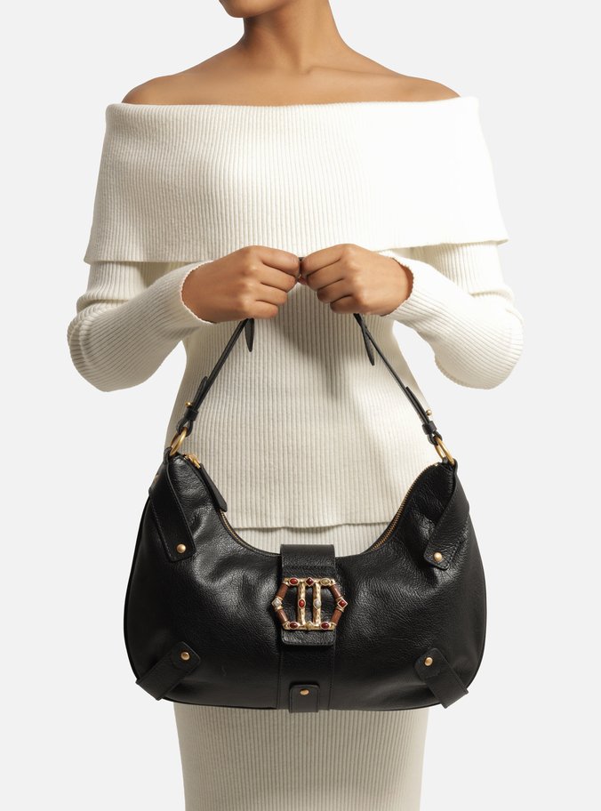 Bolsa Hobo Preta Couro Grande Metal Sextavado - Imagem 2