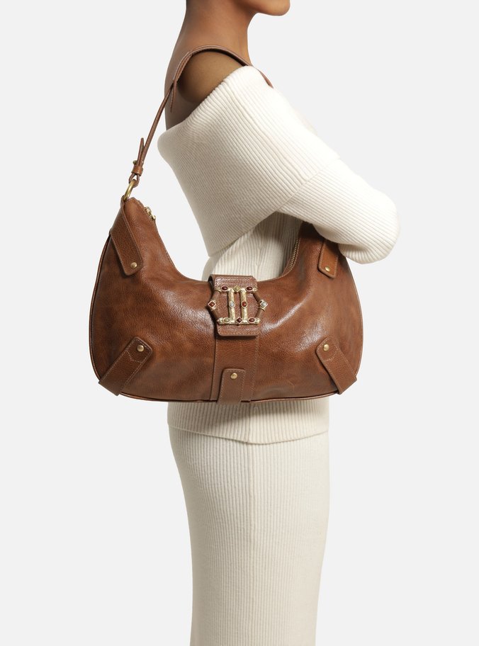 Bolsa Hobo Marrom Couro Grande Metal Sextavado - Imagem 2