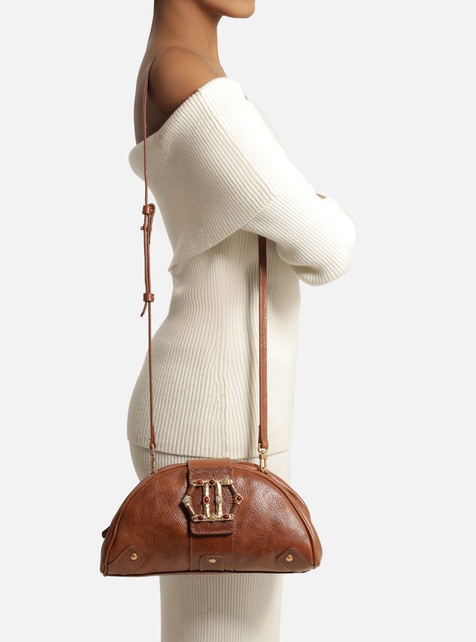 Bolsa Tiracolo Marrom Couro Média Metal Sextavado - Imagem 2