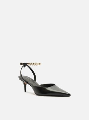 Scarpin Preto Couro Salto Kitten Tiras Metal