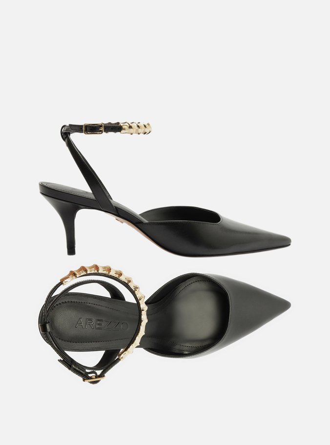 Scarpin Preto Couro Salto Kitten Tiras Metal - Imagem 3