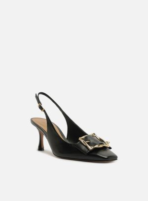 Scarpin Preto Couro Slingback Salto Médio Fivela