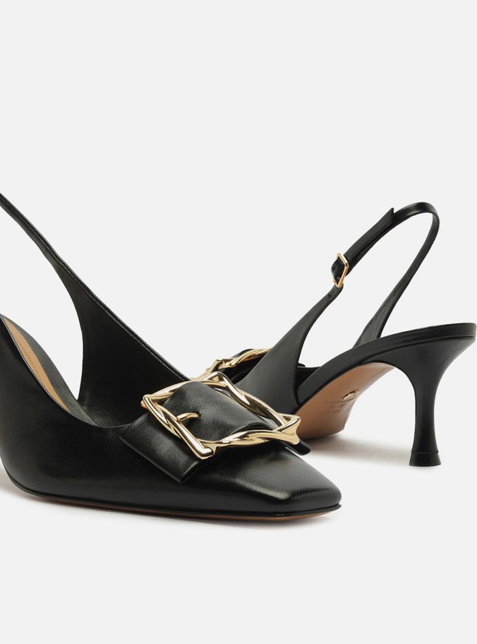 Scarpin Preto Couro Slingback Salto Médio Fivela - Imagem 3