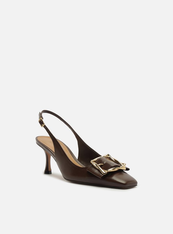 Scarpin Marrom Couro Slingback Salto Médio Fivela