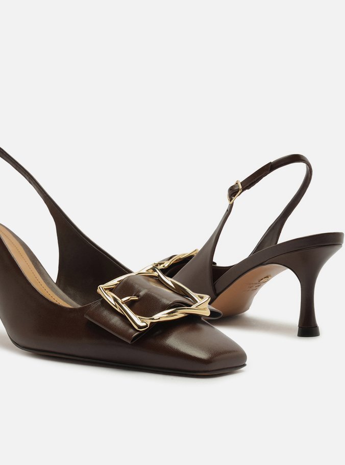 Scarpin Marrom Couro Slingback Salto Médio Fivela - Imagem 3