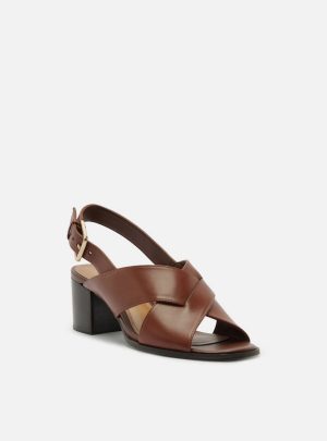 Sandália Marrom Couro Salto Médio Bloco Tiras Cruzadas