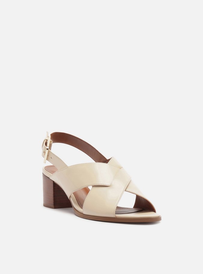 Sandália Off White Couro Salto Médio Bloco Tiras Cruzadas