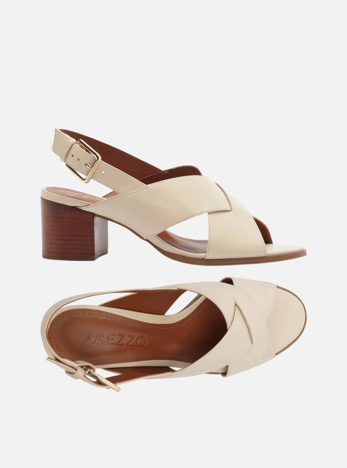 Sandália Off White Couro Salto Médio Bloco Tiras Cruzadas - Imagem 3