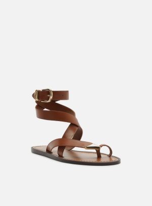 Sandália Rasteira Marrom Couro Tiras Ponteira Metal