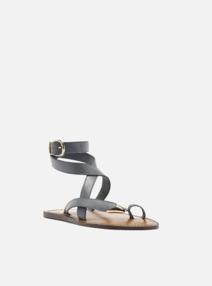 Sandália Rasteira Azul Couro Tiras Ponteira Metal