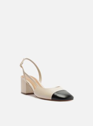 Scarpin Branco Couro Bloco Slingback Cap Toe Preto