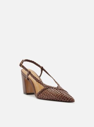 Scarpin Marrom Trançado Salto Médio Bloco Slingback