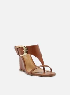 Sandália Marrom Couro Anabela Tira Thong Maxi Fivela