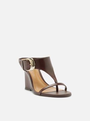 Sandália Marrom Escuro Couro Anabela Tira Thong Maxi Fivela