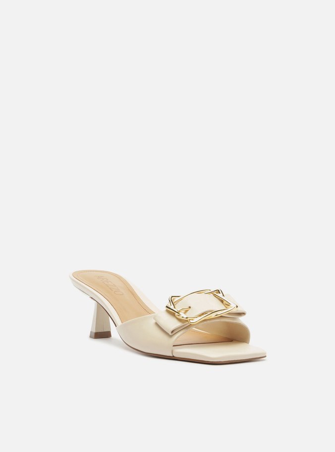 Mule Off White Couro Salto Kitten Fivela Metal