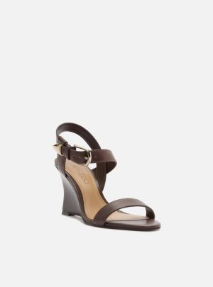 Sandália Marrom Couro Anabela Tiras Fivela