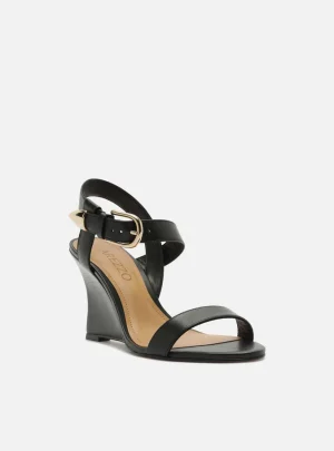 Sandália Preta Couro Anabela Tiras Fivela