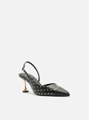 Scarpin Preto Poá Salto Médio Taça Slingback Branco