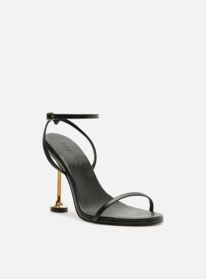 Sandália Preta Couro Salto Alto Taça Dourado