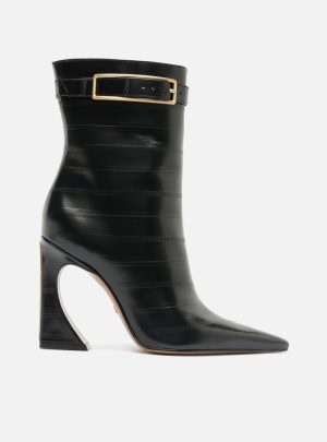 Bota Preta Couro Cano Médio Salto Flare Fivela