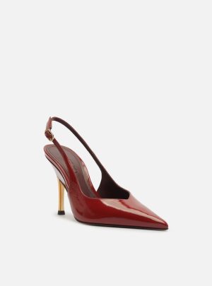 Scarpin Vermelho Couro Slingback Salto Alto Dourado