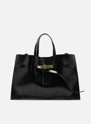 Bolsa Tote Preta Couro Grande Tira Metal