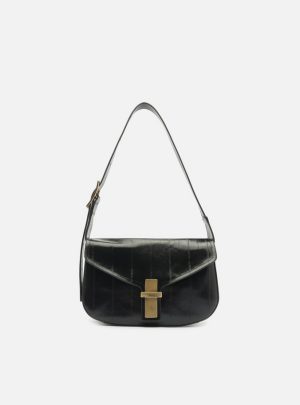 Bolsa Tiracolo Preta Couro Pequena Tampo Metal