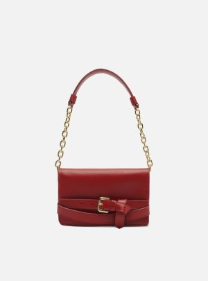 Bolsa Shoulder Vermelha Couro Pequena Tiras Fivela