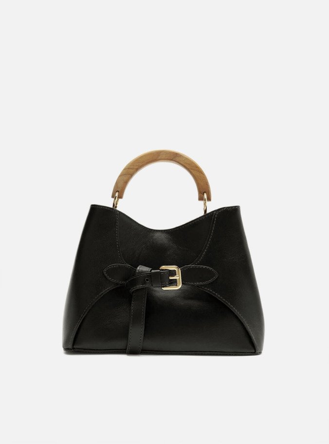 Bolsa Tote Preta Couro Média Alça Madeira