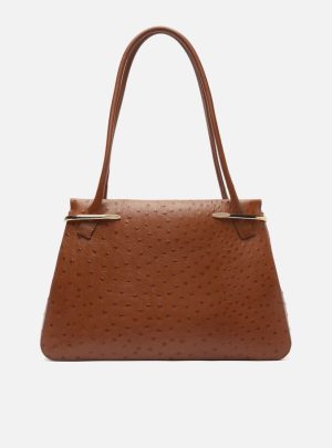 Bolsa Shopping Marrom Couro Grande Metais Textura