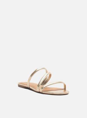 Sandália Rasteira Dourada Bico Redondo Tiras