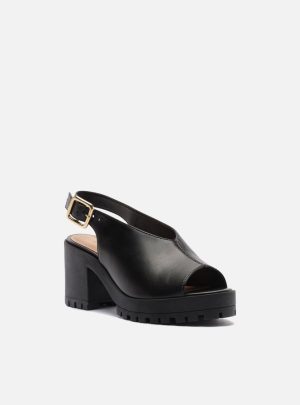 Sandália Preta Couro Bloco Tratorada Fechada