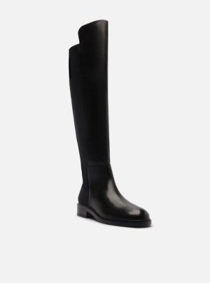 Bota Over The Knee Preta Couro Salto Baixo Tecido