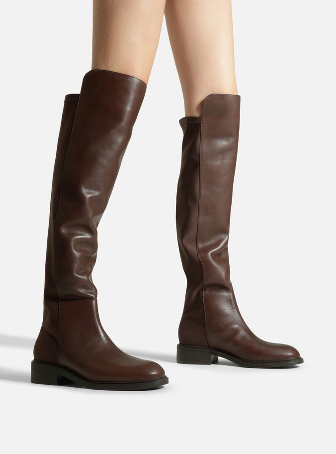 Bota Over The Knee Marrom Couro Salto Baixo Tecido - Imagem 2