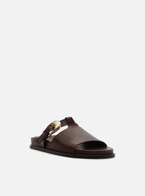 Sandália Papete Slide Marrom Couro Fivela