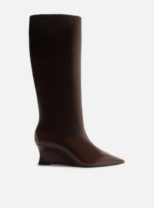 Bota Marrom Couro Cano Alto Salto Baixo Anabela