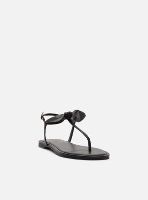 Sandália Rasteira Preta Tiras Slim Laço