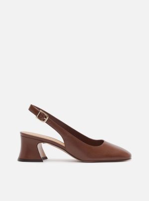 Scarpin Marrom Couro Bloco Bico Quadrado Slingback