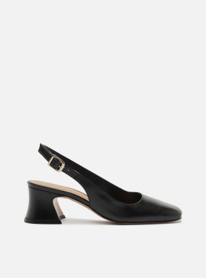 Scarpin Preto Couro Bloco Bico Quadrado Slingback