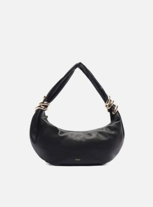 Bolsa Hobo Preta Couro Média Metais