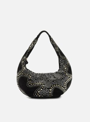Bolsa Hobo Preta Couro Média Strass