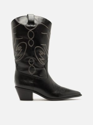 Bota Preta Couro Cano Longo Salto Bloco